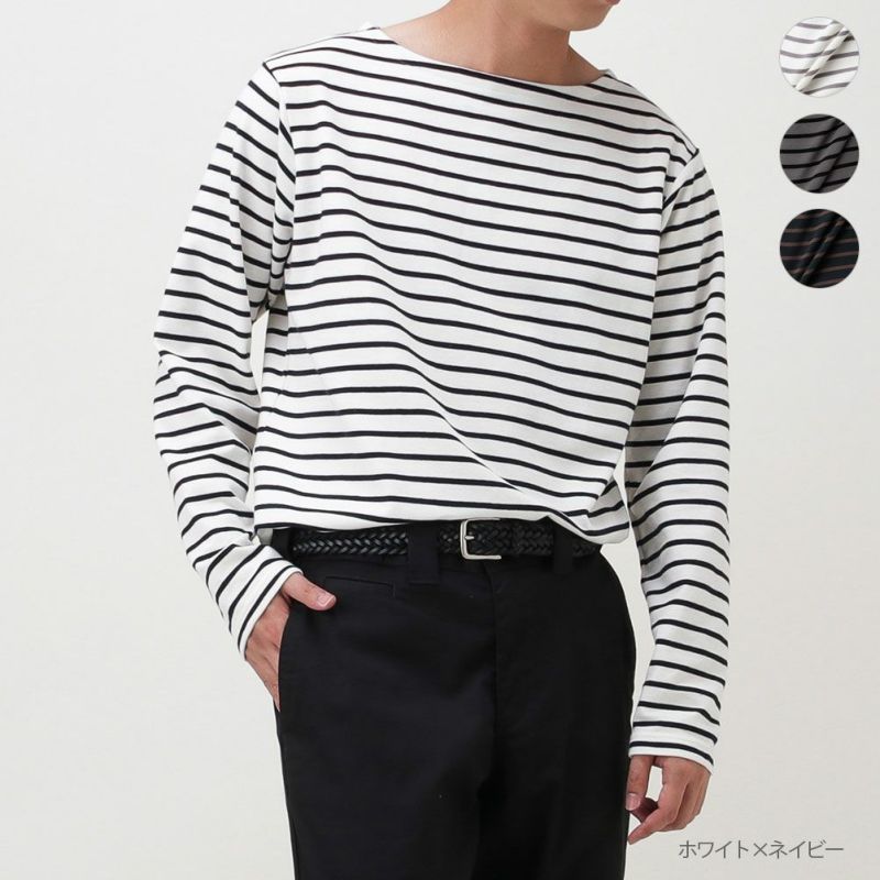 Navy オーガニックコットン ボートネックボーダー長袖tシャツ メンズ