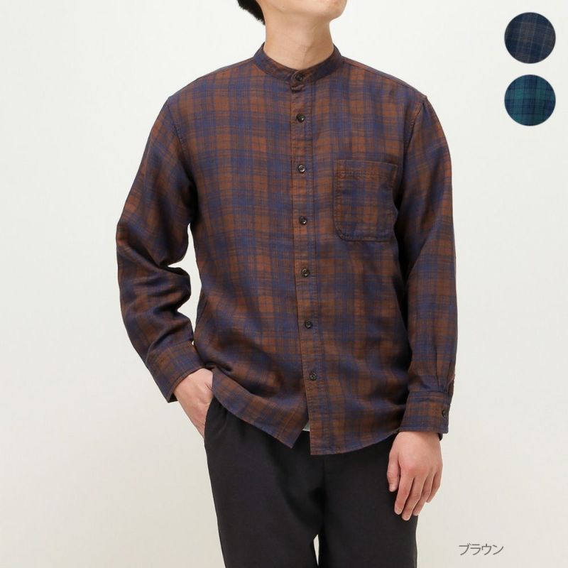 Navy ウィンターリネンバンドカラーシャツ メンズ Navy ウィンターリネンバンドカラーシャツ メンズ
