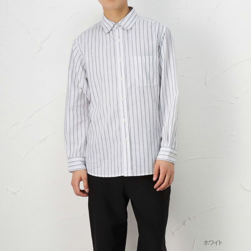 Navy ハイブリッドリネン ストライプ長袖シャツ メンズ Navy ハイブリッドリネン ストライプ長袖シャツ メンズ