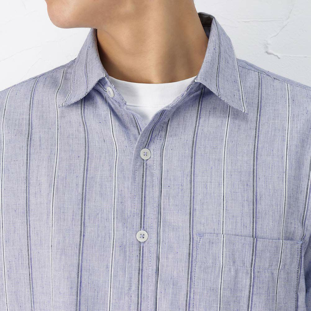 Navy ハイブリッドリネン ストライプ長袖シャツ メンズ