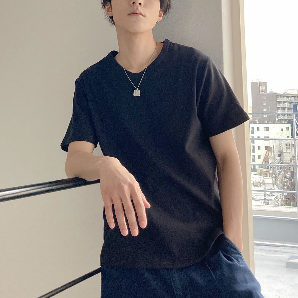 Navy テレコvネック半袖tシャツ メンズ