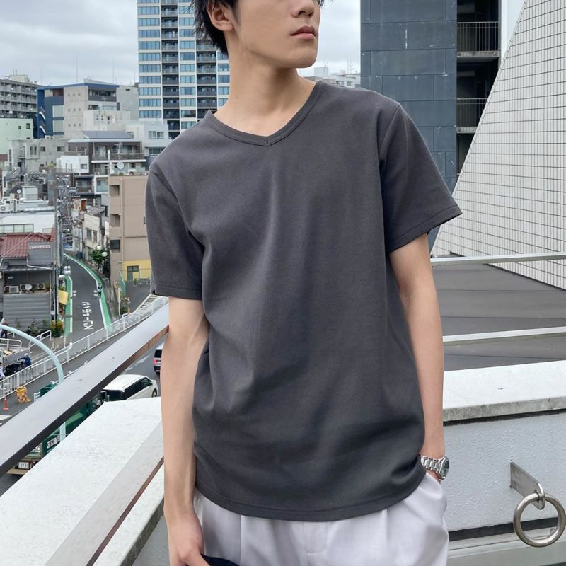 Navy テレコvネック半袖tシャツ メンズ