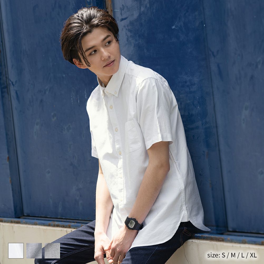 Navy オーガニックコットン オックス無地ボタンダウン半袖シャツ メンズ Navy オーガニックコットン オックス無地ボタンダウン半袖シャツ メンズ