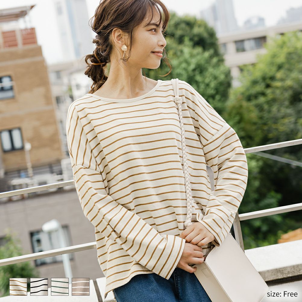 Navy オーガニックコットン ボーダードロップロングスリーブtシャツ レディース