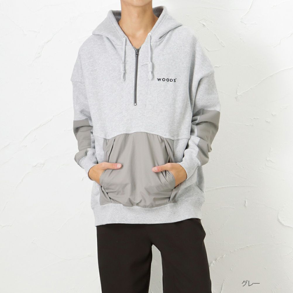 WOODS 異素材切替ハーフジップパーカー メンズ