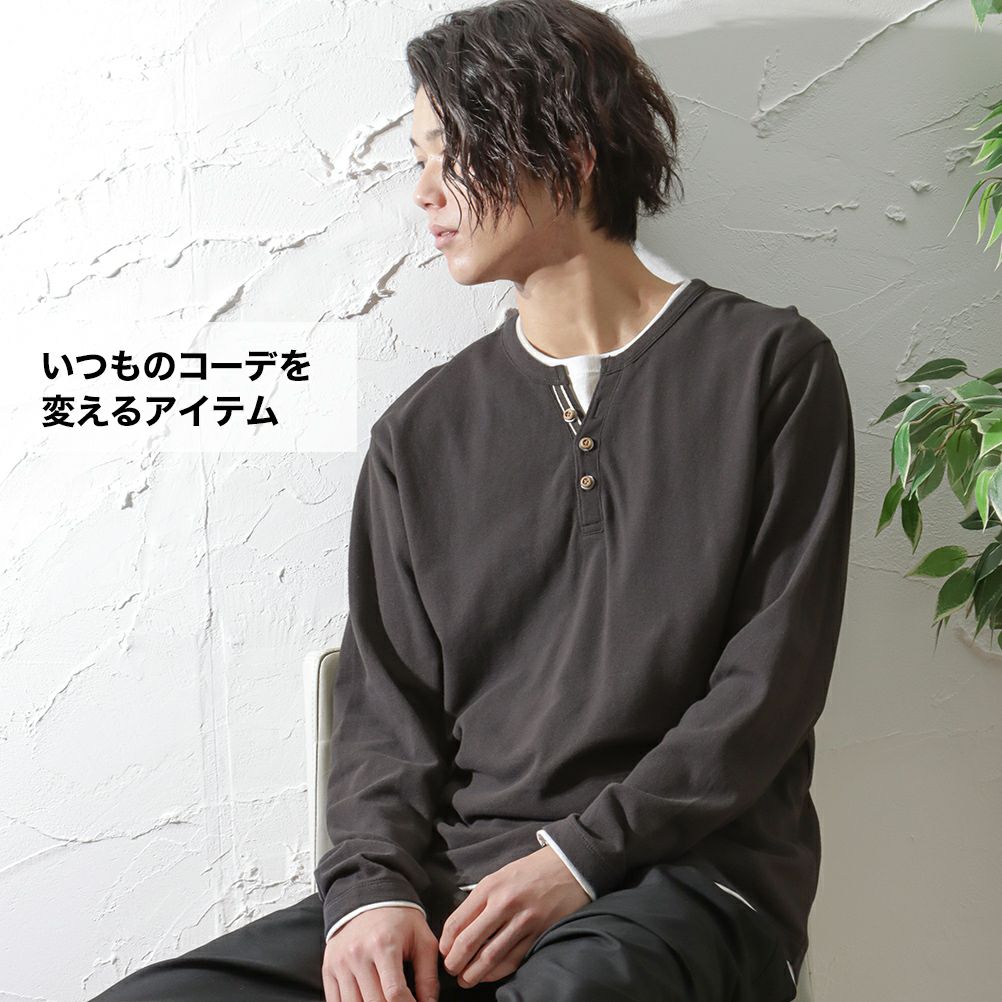 Navy オーガニックコットン フェイクレイヤードヘンリーネックtシャツ メンズ