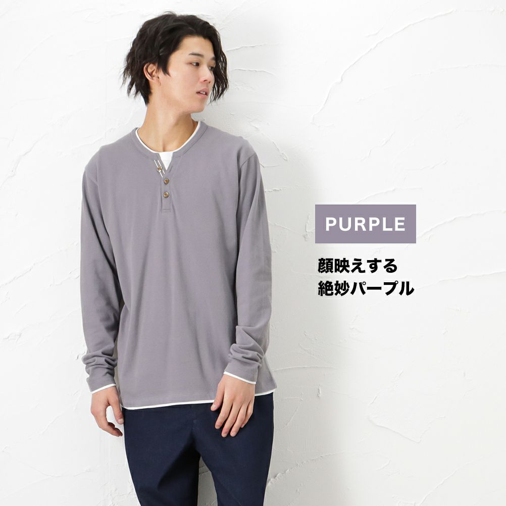 Navy オーガニックコットン フェイクレイヤードヘンリーネックtシャツ メンズ