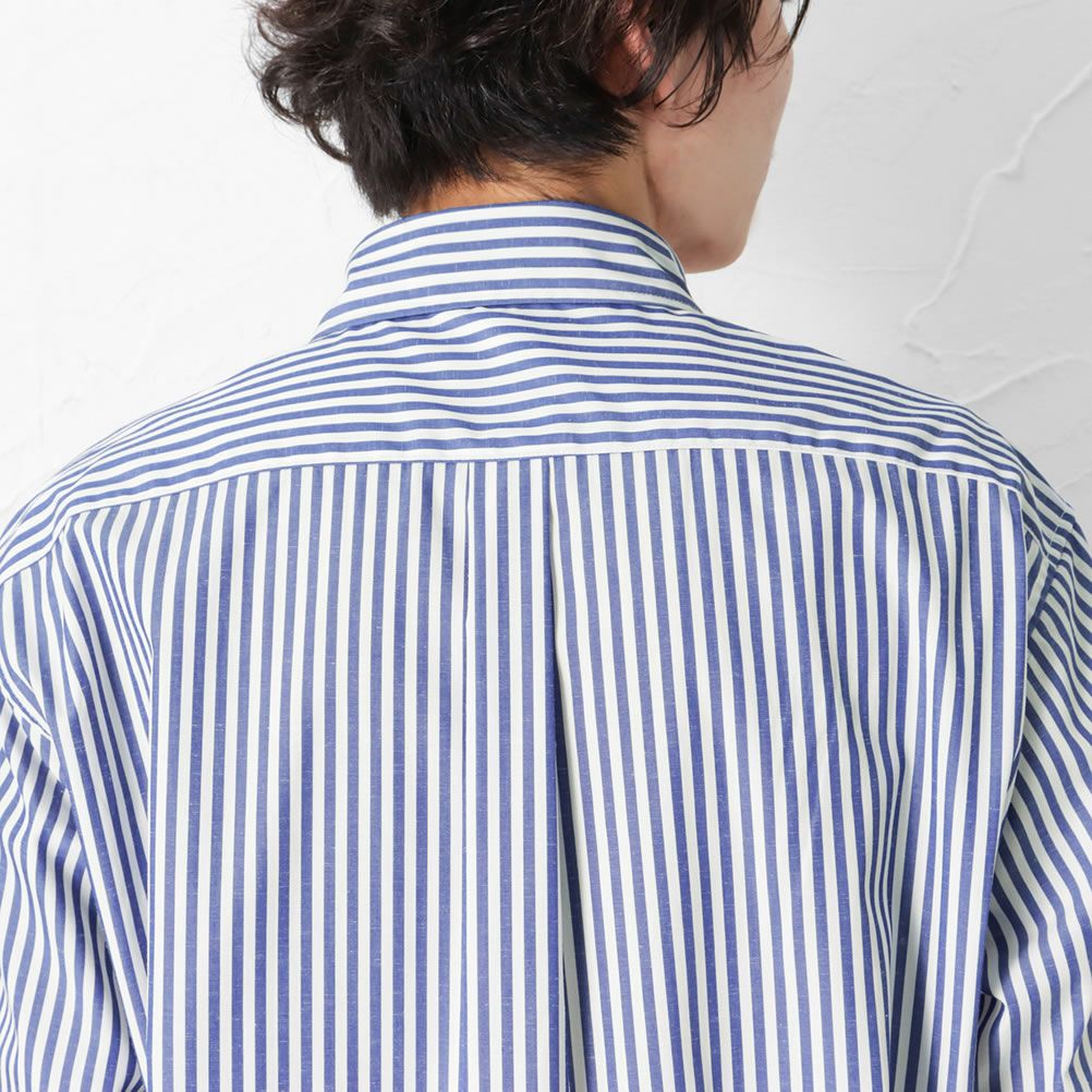 Navy Solotex R 使用 リネン混ストライプ ボタンダウンシャツ メンズ