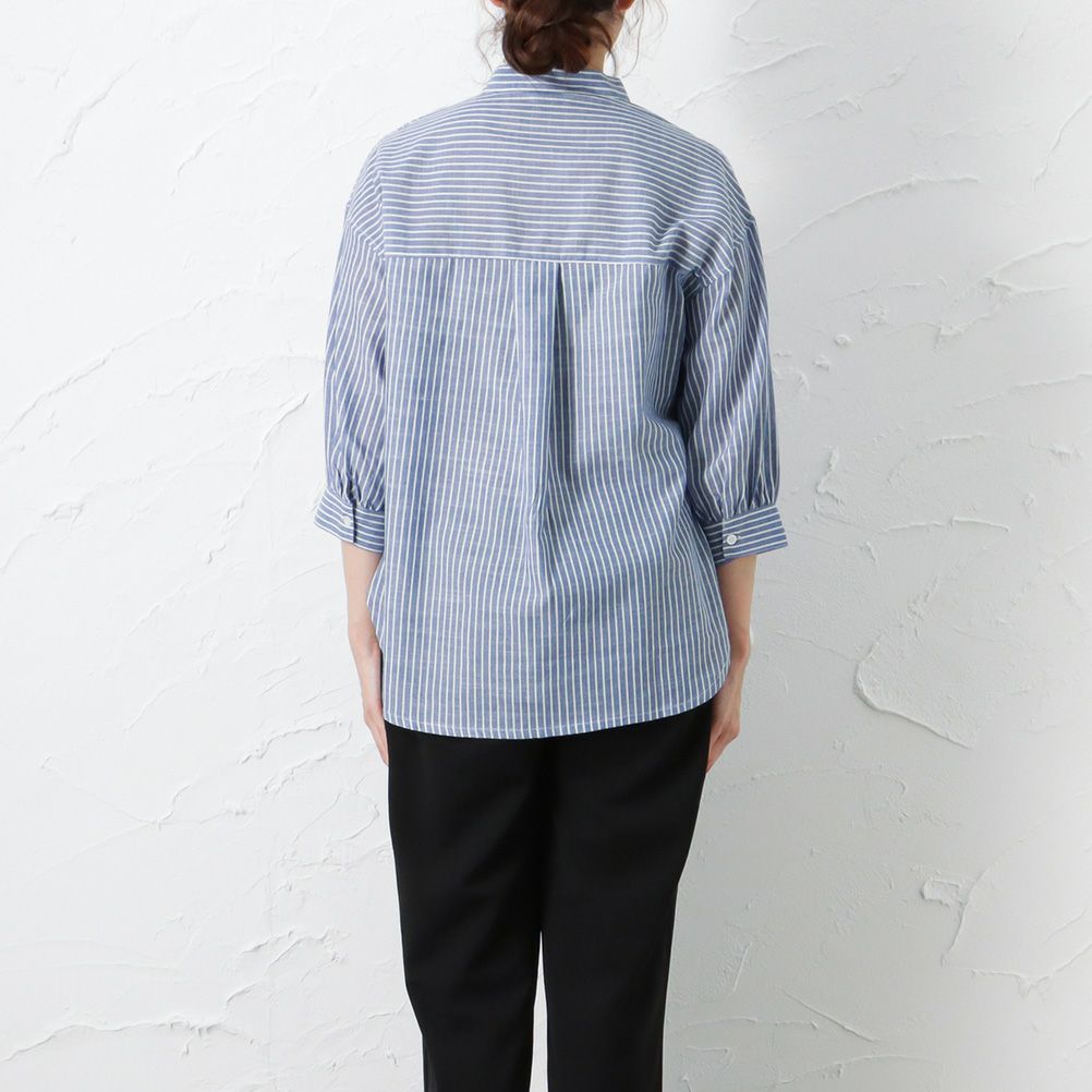 Navy Rtスラブスタンドカラー前開きシャツ レディース
