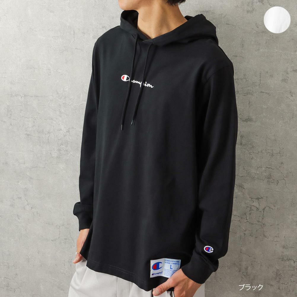 Champion ロゴ刺繍フード付きロングスリーブTシャツ メンズ