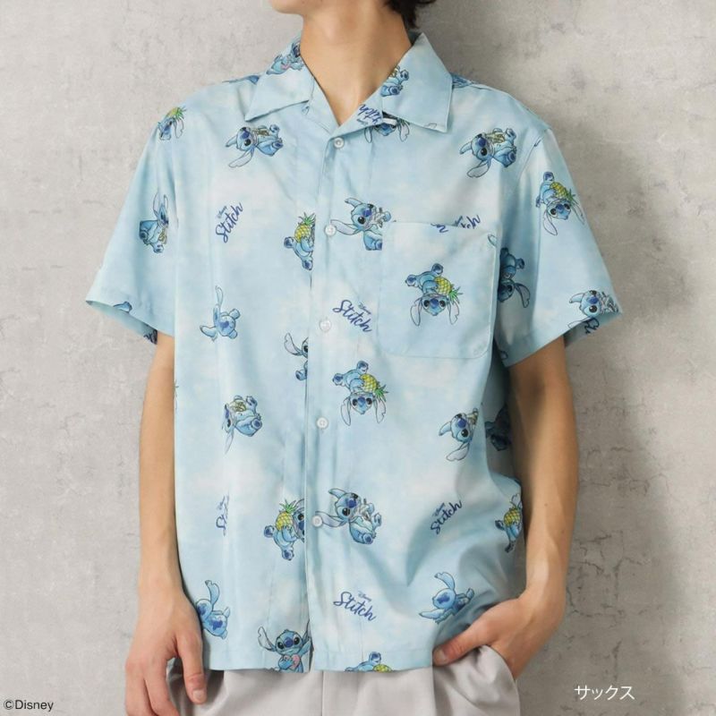 Disney スティッチ 総柄オープンカラーシャツ メンズ Disney スティッチ 総柄オープンカラーシャツ メンズ