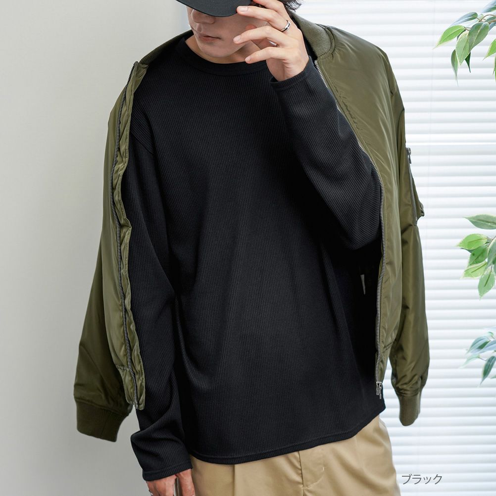NAVY ワッフルクルーロングスリーブTシャツ メンズ