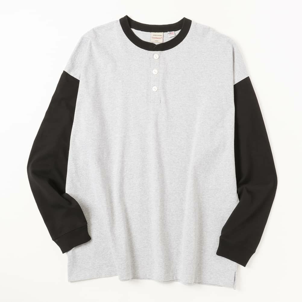 Goodwear ヘンリーネック袖配色スーパービッグシルエット ロングスリーブTシャツ メンズ