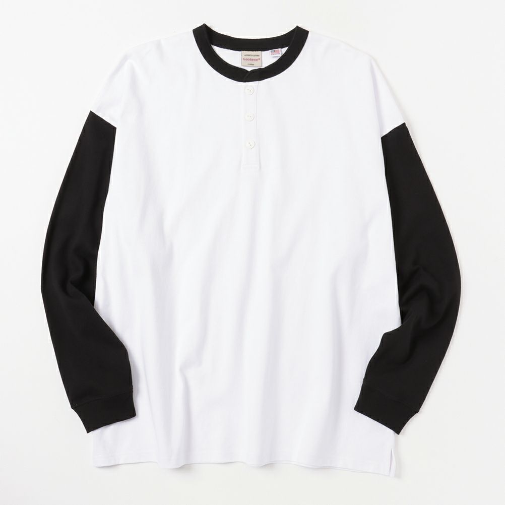 Goodwear ヘンリーネック袖配色スーパービッグシルエット ロングスリーブTシャツ メンズ