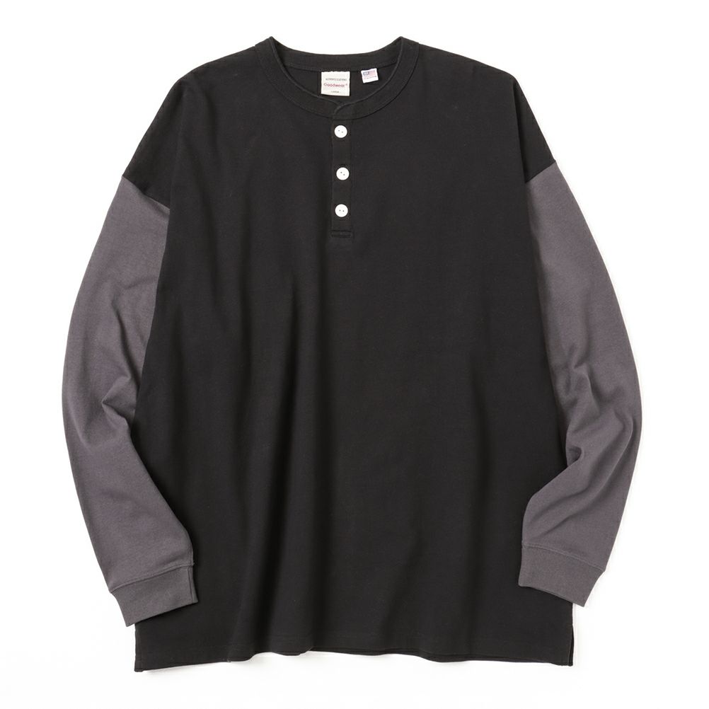 Goodwear ヘンリーネック袖配色スーパービッグシルエット ロングスリーブTシャツ メンズ
