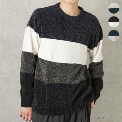 NAVY 配色切替クルーネックモールニット メンズ