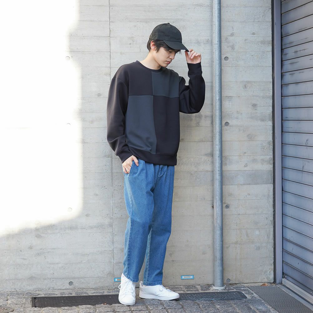 URBAN COLLECTION ポンチ素材 異素材ブロッキングトレーナー メンズ