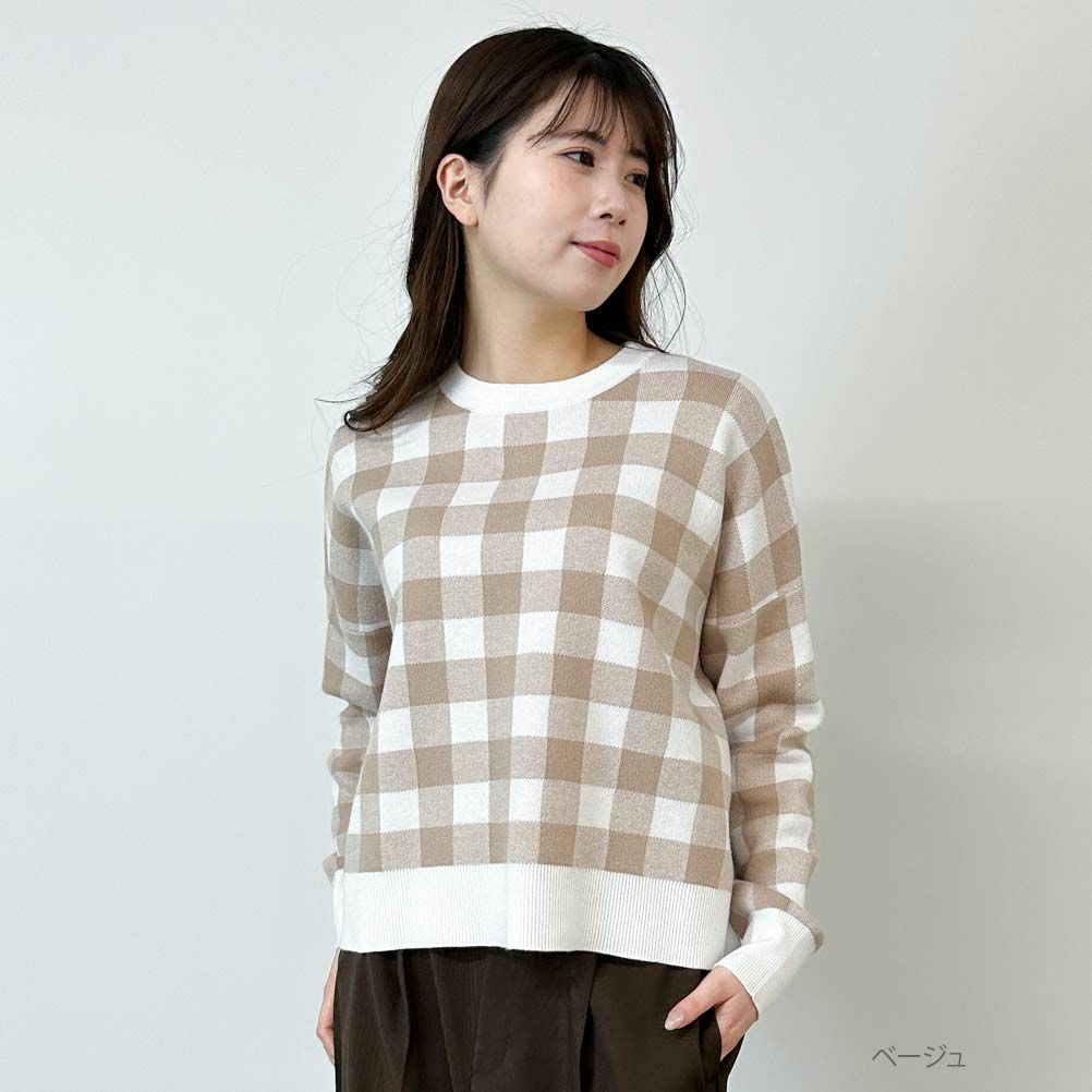 GOOD CREW ジャガードギンガムチェックニットプルオーバー レディース