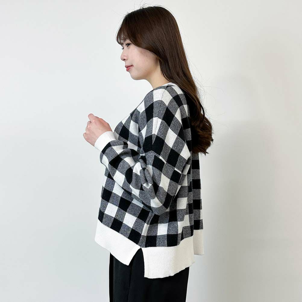 GOOD CREW ジャガードギンガムチェックニットプルオーバー レディース