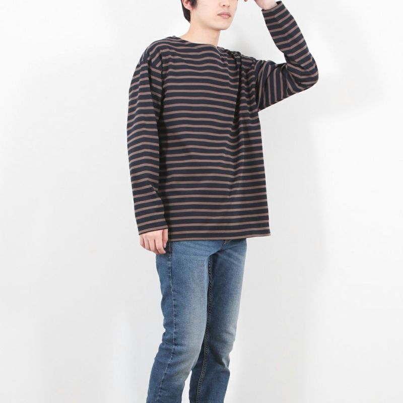 NAVY ボーダーボートネックロングスリーブTシャツ メンズ