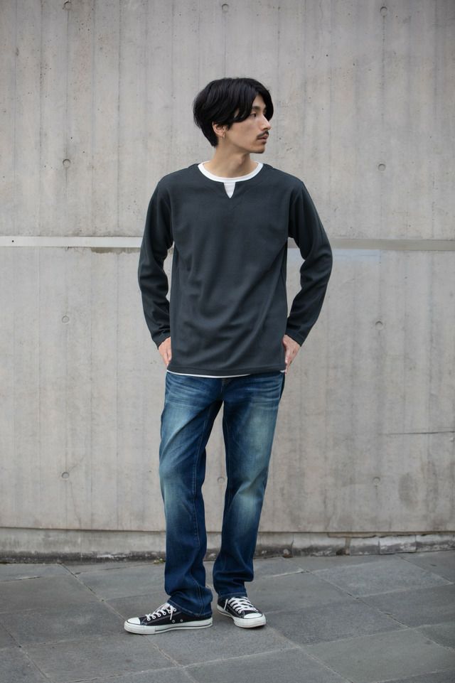 [期間限定価格]NAVY キーネックフェイクレイヤード長袖Tシャツ メンズ商品サムネイル-2