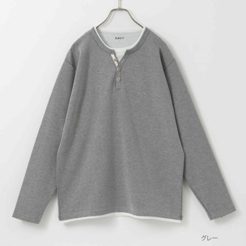 NAVY ヘンリーネックフェイクレイヤード長袖Tシャツ メンズ商品画像-2