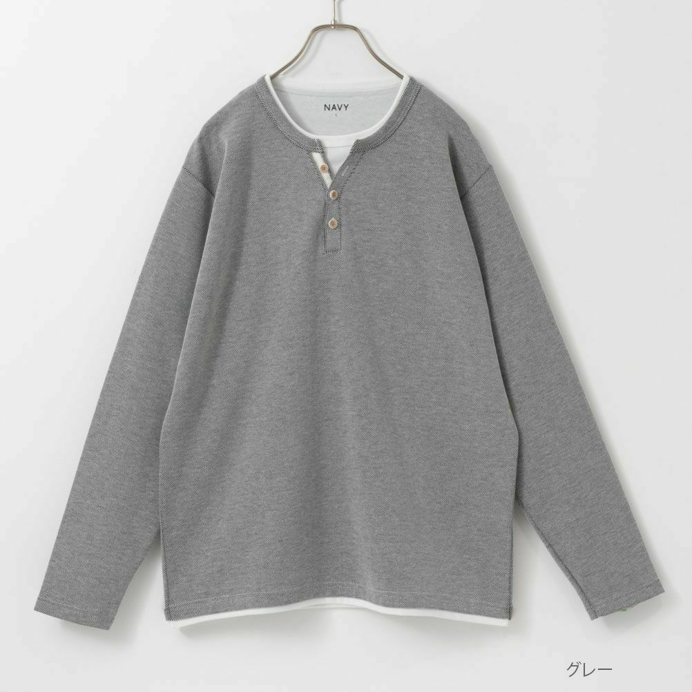 NAVY ヘンリーネックフェイクレイヤード長袖Tシャツ メンズ商品サムネイル-2
