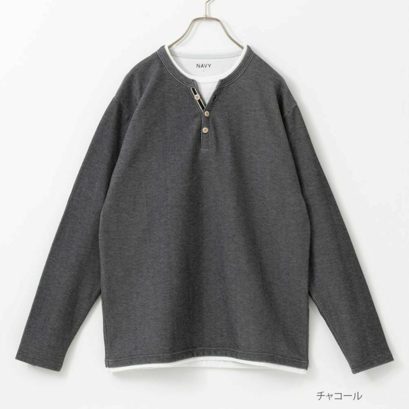 NAVY ヘンリーネックフェイクレイヤード長袖Tシャツ メンズ商品画像-3