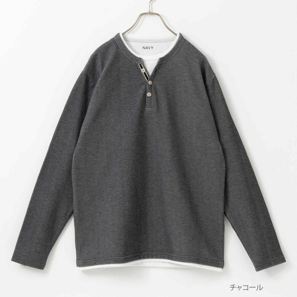 NAVY ヘンリーネックフェイクレイヤード長袖Tシャツ メンズ商品サムネイル-3