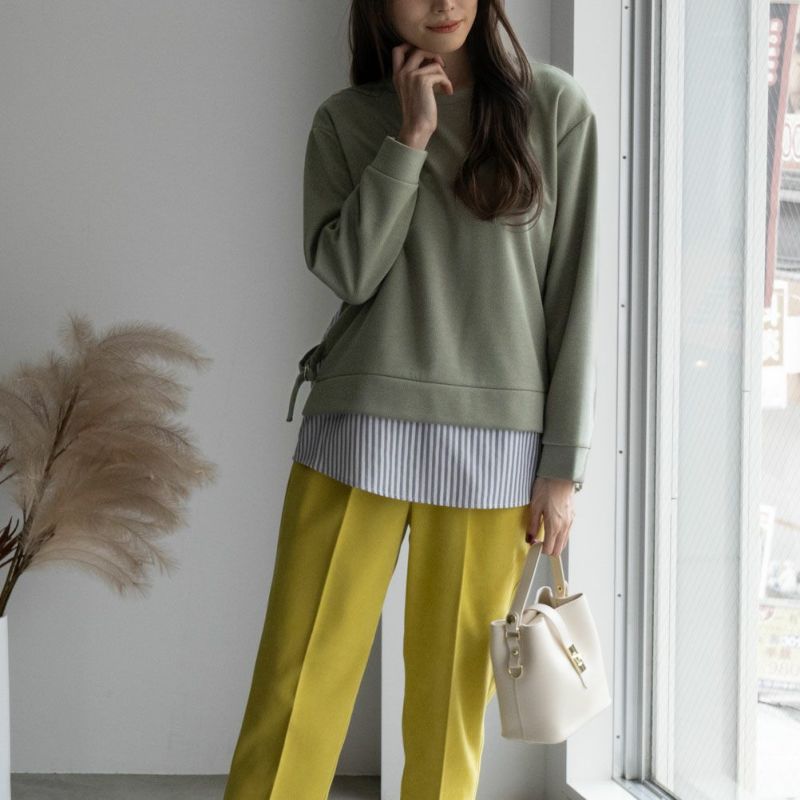 NAVY ポンチ素材 時短シャツ切り替えラウンドプルオーバー レディース商品画像-1