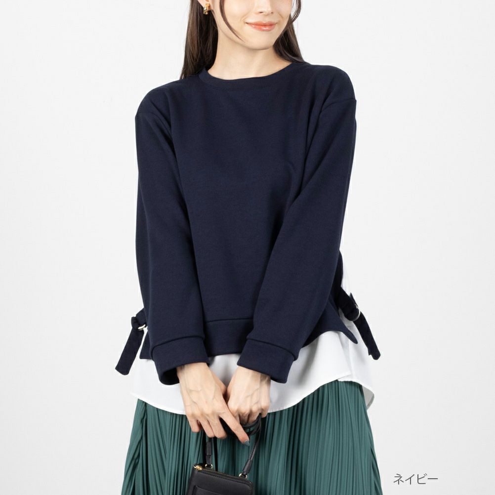 NAVY ポンチ素材 時短シャツ切り替えラウンドプルオーバー レディース