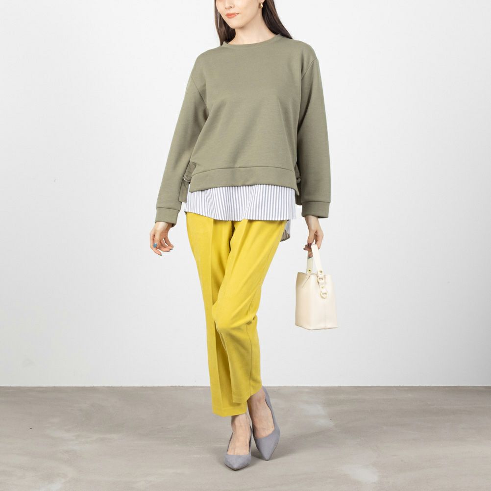 NAVY ポンチ素材 時短シャツ切り替えラウンドプルオーバー レディース