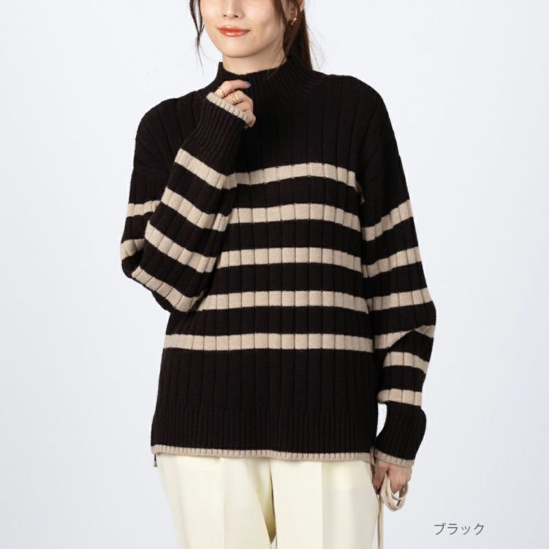 NAVY もちり もちもち 洗えるニット ハイネックボーダープルオーバー レディース商品画像-2
