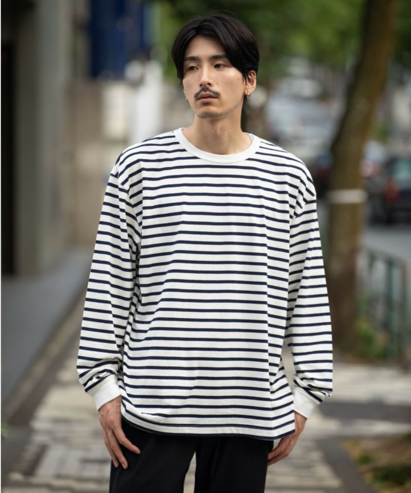 NAVY  USコットン100% ボーダー長袖Tシャツ メンズ商品画像-7