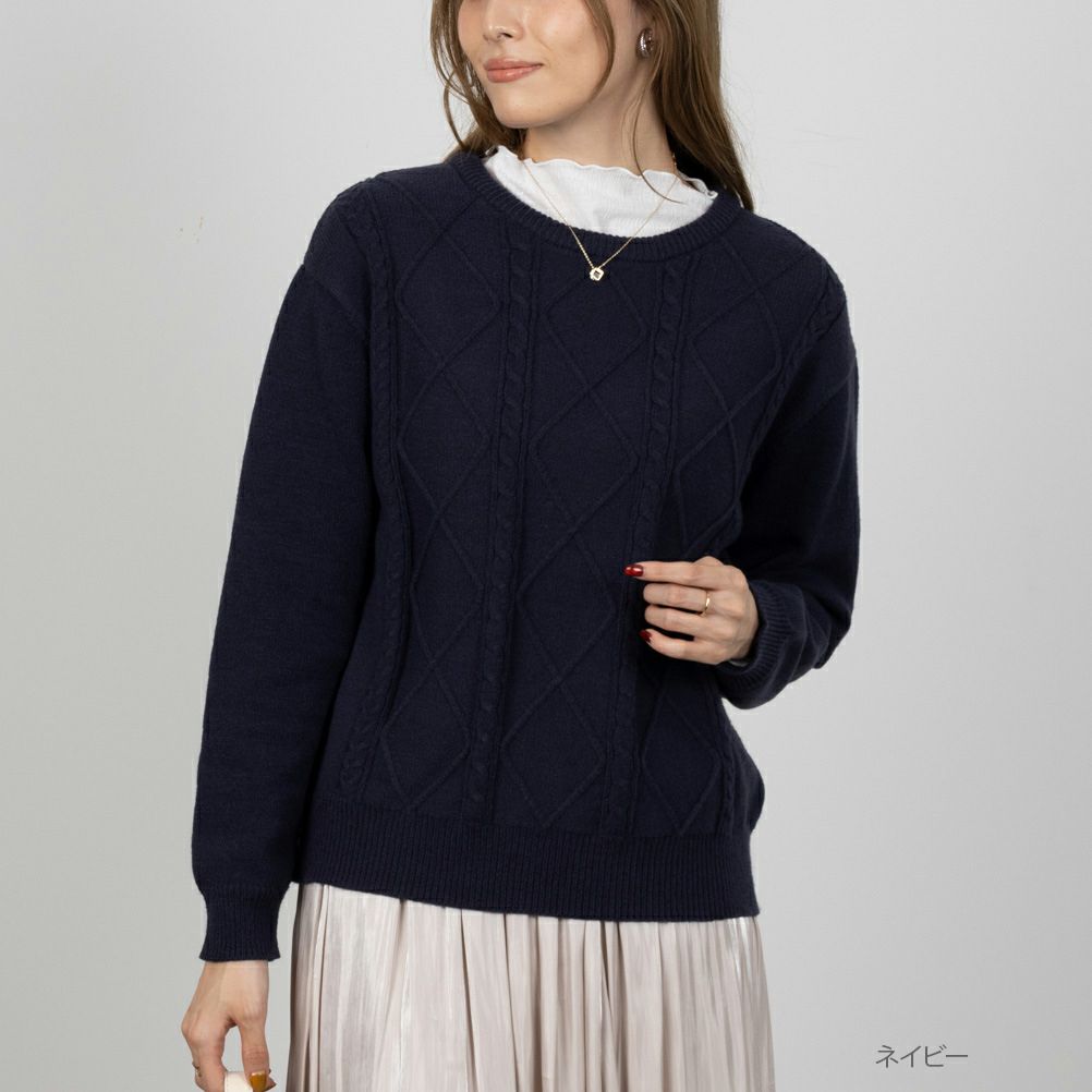 NAVY もちり もちもち 洗えるニット ケーブル編みプルオーバー レディース商品画像-3