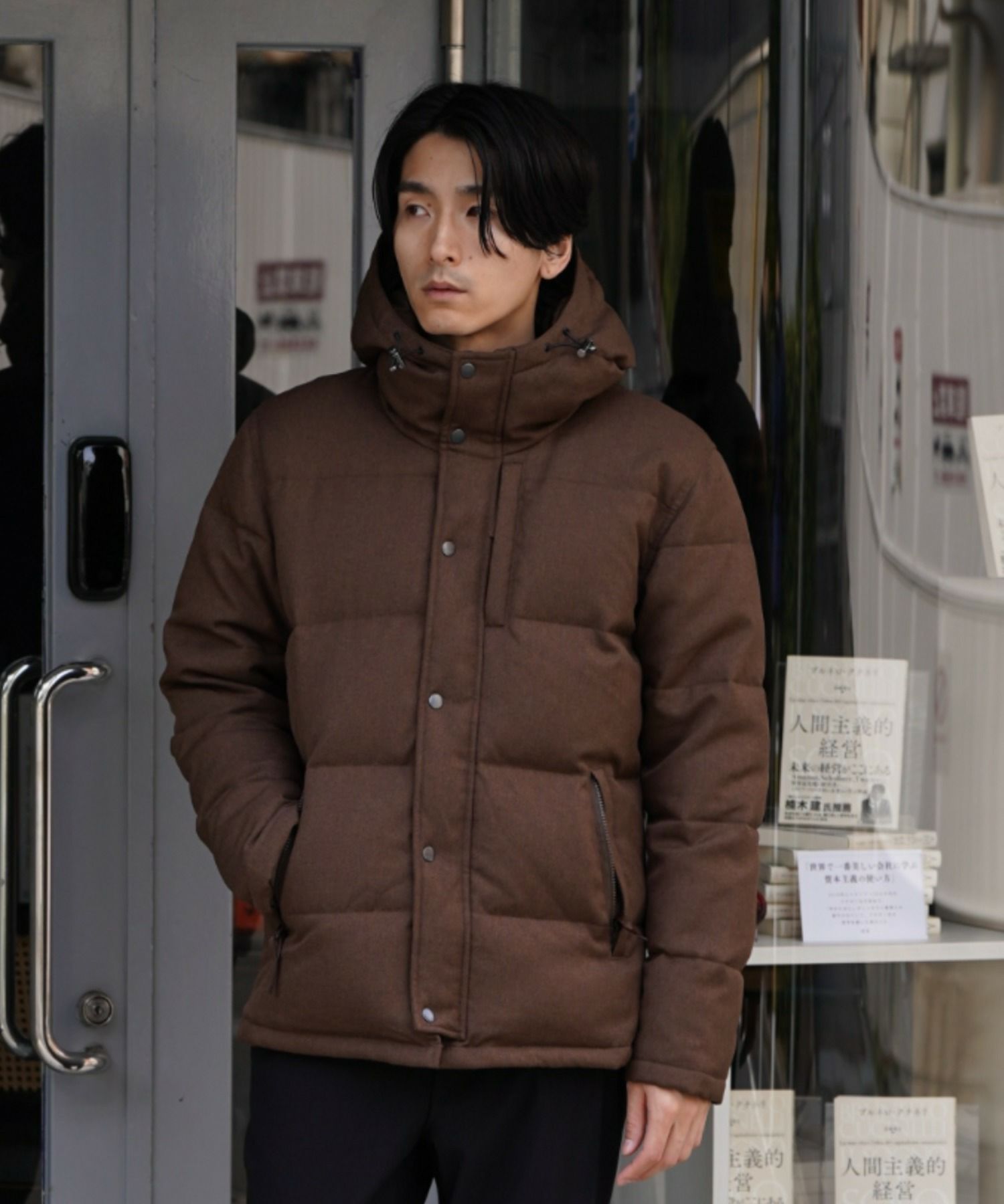 NAVY ウールライク PREMIUM DOWNフードジャケット 700FILL POWER メンズ 