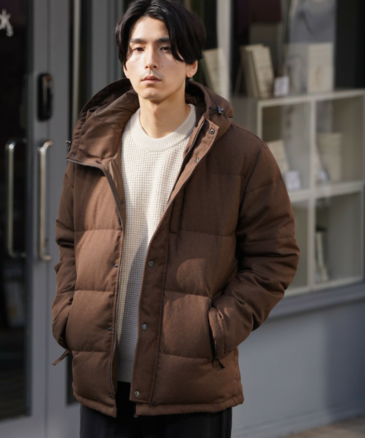 NAVY ウールライク PREMIUM DOWNフードジャケット 700FILL POWER メンズ 