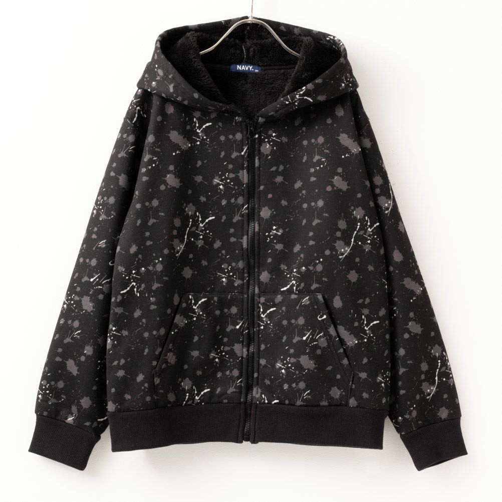 NAVY 裏ボア総柄ジップアップパーカー キッズ