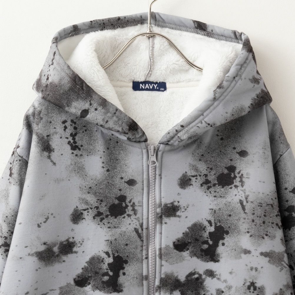 NAVY 裏ボア総柄ジップアップパーカー キッズ