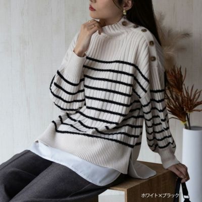 NAVY  ボタン付きフェイクレイヤードモックネックプルオーバー レディース