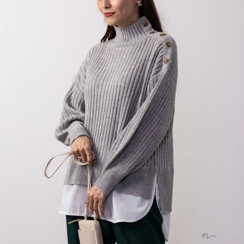 NAVY  ボタン付きフェイクレイヤードモックネックプルオーバー レディース商品画像-2