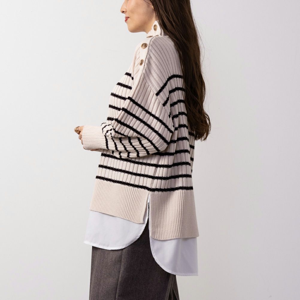 NAVY ボタン付きフェイクレイヤードモックネックプルオーバー レディース