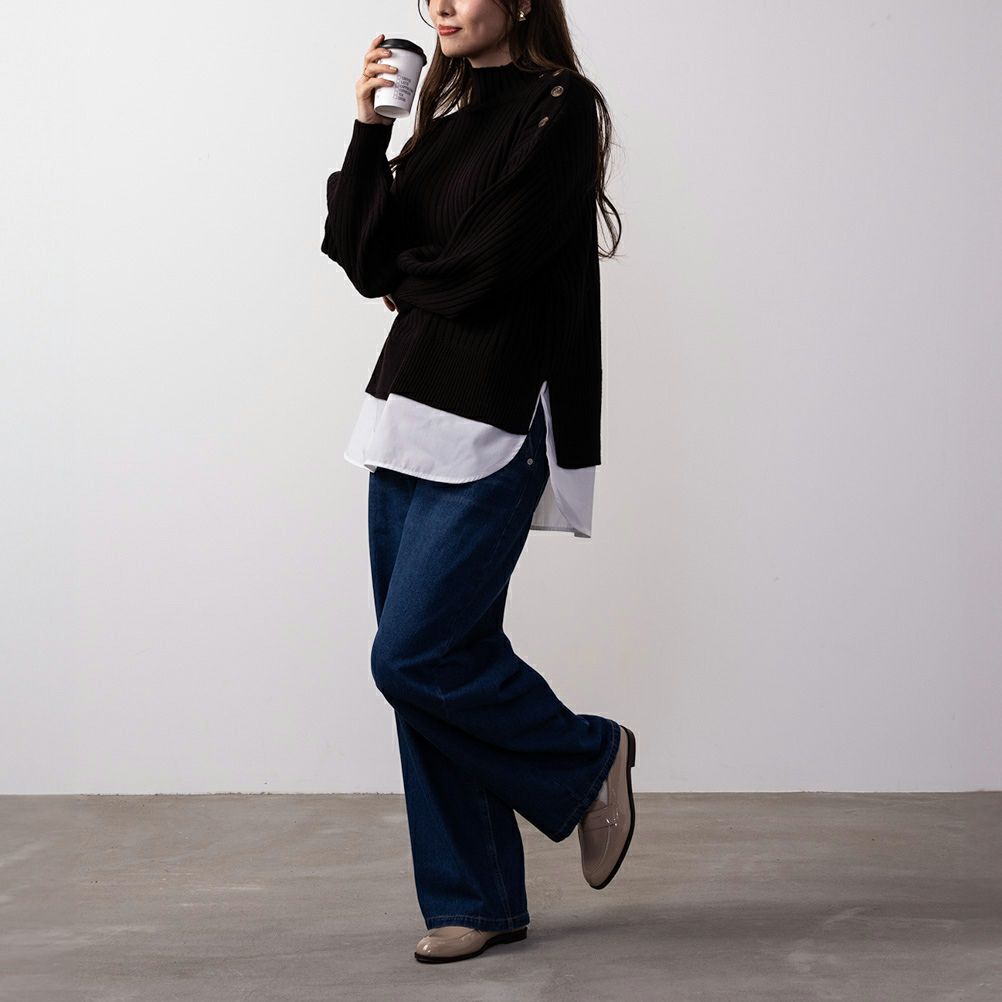 NAVY ボタン付きフェイクレイヤードモックネックプルオーバー レディース