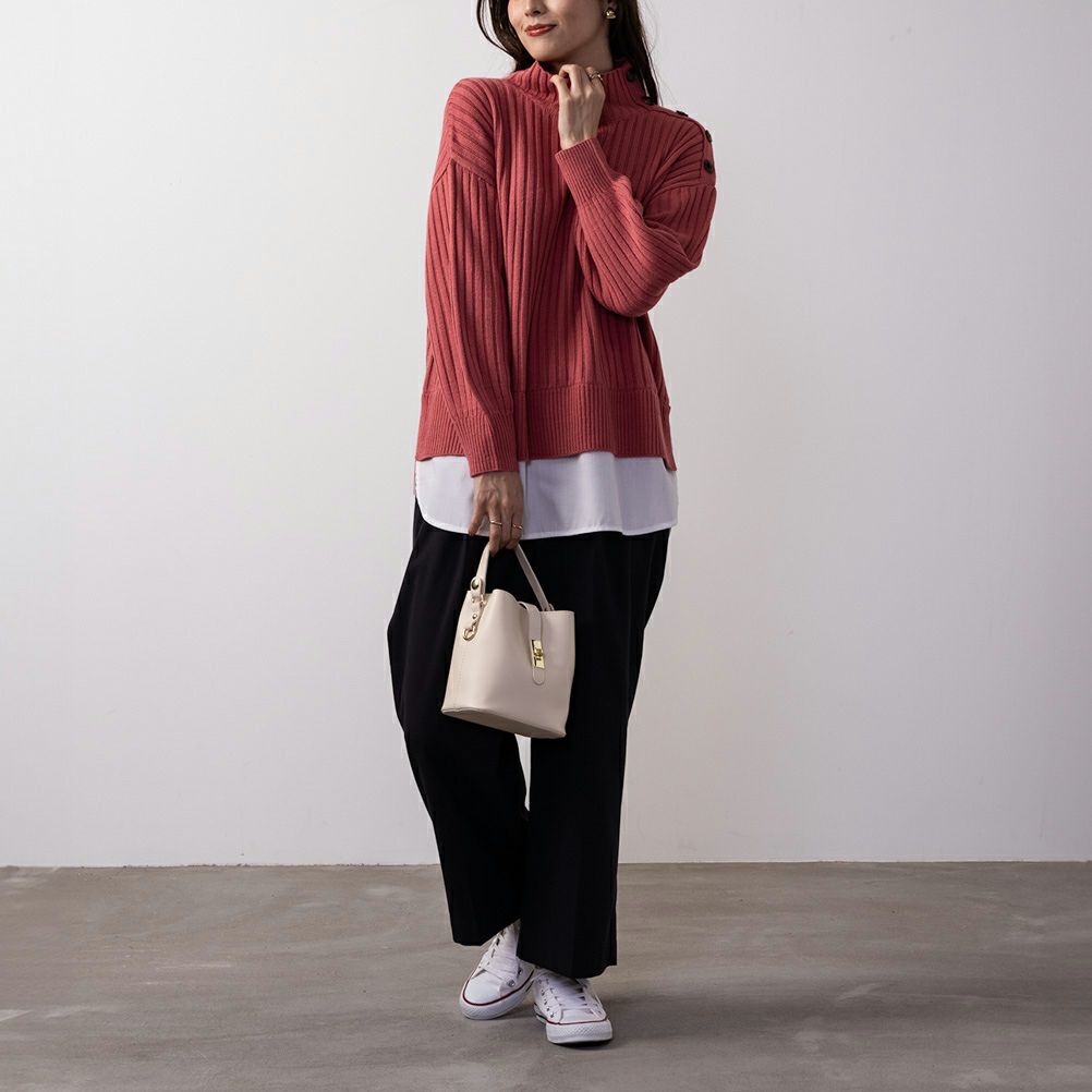 NAVY ボタン付きフェイクレイヤードモックネックプルオーバー レディース