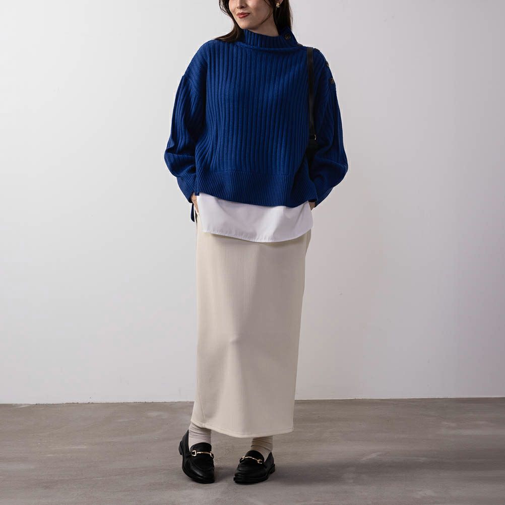 NAVY ボタン付きフェイクレイヤードモックネックプルオーバー レディース