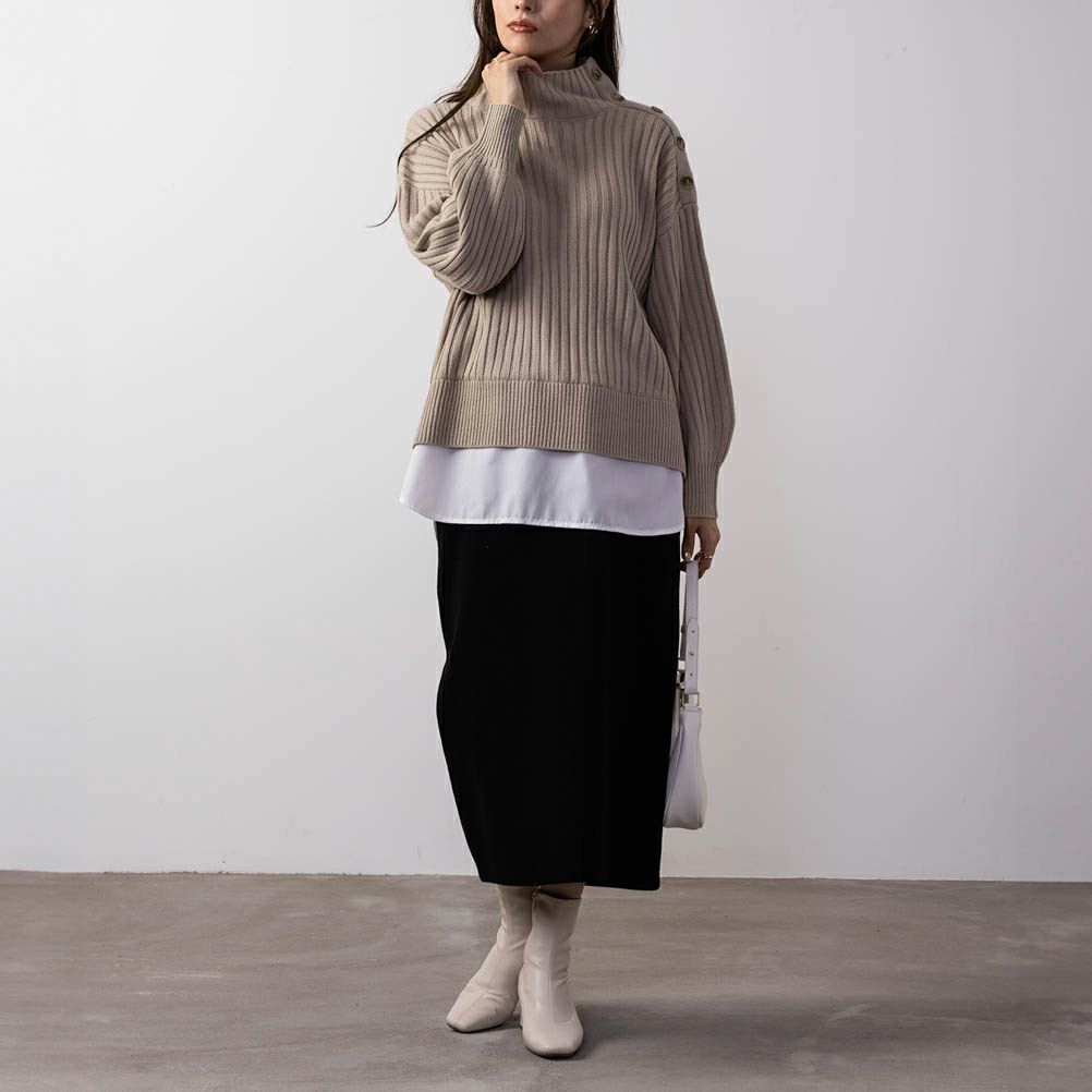 NAVY ボタン付きフェイクレイヤードモックネックプルオーバー レディース
