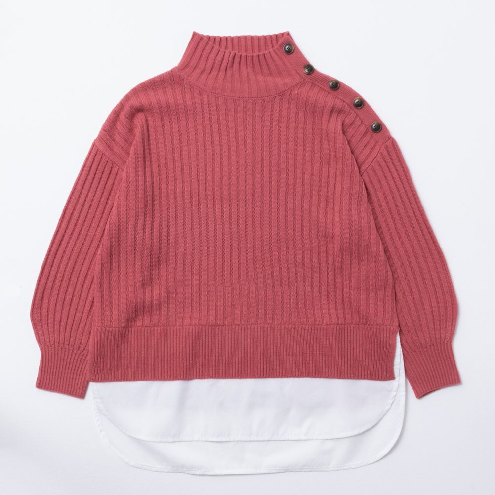 NAVY ボタン付きフェイクレイヤードモックネックプルオーバー レディース