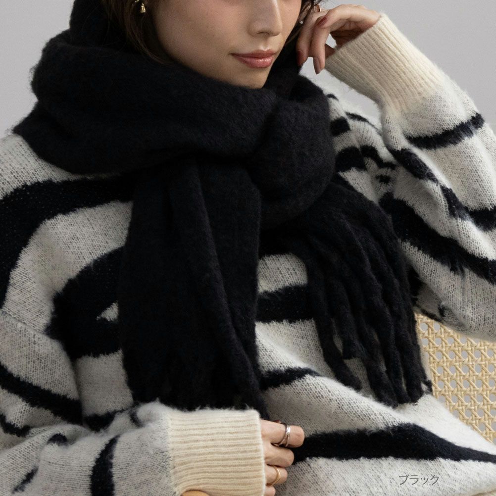 NAVY  太フリンジ無地マフラー レディース商品画像-2