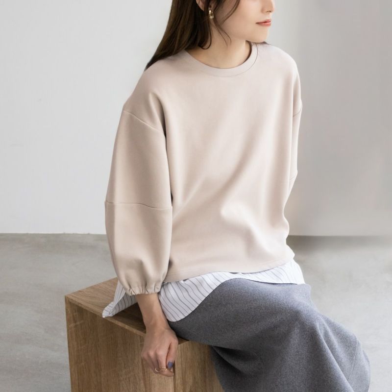 NAVY  ポンチ素材 時短フェイクレイヤード九分袖プルオーバー レディース商品画像-1