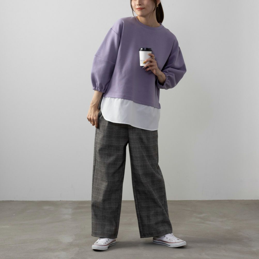 NAVY  ポンチ素材 時短フェイクレイヤード九分袖プルオーバー レディース商品画像-8